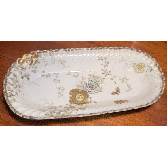 Antique Fine Bone China Serving Dish, w scalloped sides, real gold guilt flowers - Picture 7 of 12